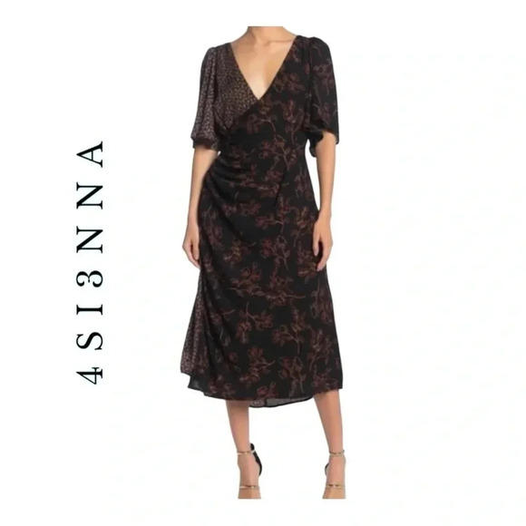 1499. 4SI3NNA ANTOINETTE FLORAL COLORBLOCK MIDI LENGTH DRESS MEDIUM PINK/BLACK - Picture 1 of 11